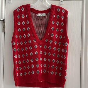 Vintage Izod Red White Diamond Jacquard Knit Sweater Vest 100% Cotton Medium